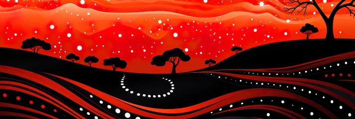 Papier Peint photo Rouge A captivating image of Australia's landscapes, Landscape Down Under. Aboriginal-inspired backdrop adorned with elements from the dreamtime and songlines