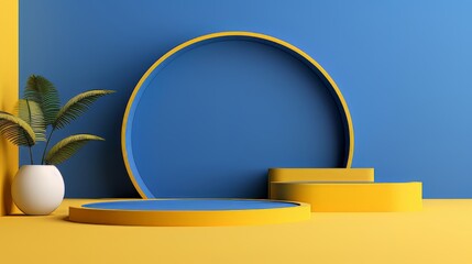 Abstract minimalistic blue and yellow scene with geometric shapes. visualization AI