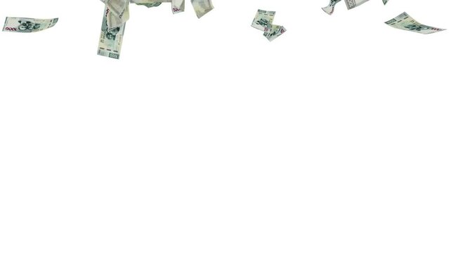 3D animation of 1000 Mexican peso notes Falling On blue screen. You can key out (remove) the background and replace with a custom one
