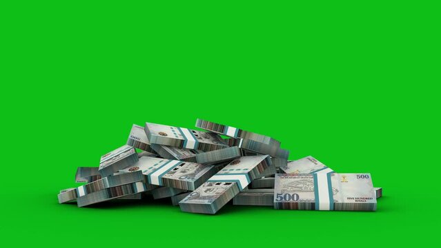 3d animation of stacks of 500 Saudi riyal notes falling on green screen floor. You can Key out or remove background to replace with a custom one. 3d rendering