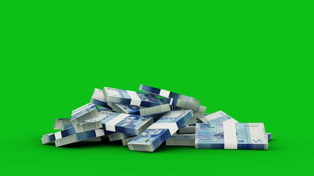 3d animation of stacks of 200 Moroccan dirham notes falling on greenscreen floor. You can Key out or remove background to replace with a custom one. 3d rendering