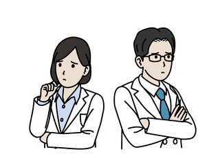 考え込む白衣を着た男女の医師