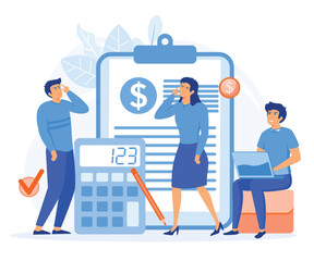  financial management concepts, People with financial document, calculator and pencil. flat vector modern illustration