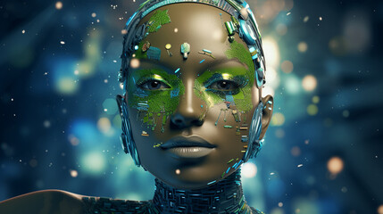 AI's Global Dominion: Cyborg and Earth in Balance - obrazy, fototapety, plakaty