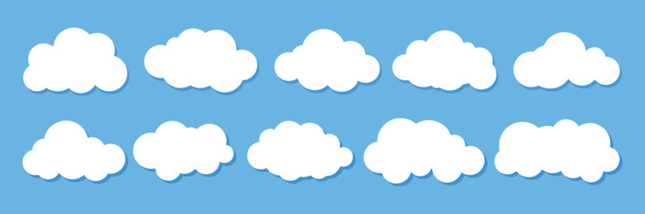 Big vector set of Ten white cloud shapes. Cloud vector set