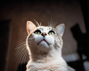 Beautiful cat looking at the sky or ceiling inside a room. space for text.