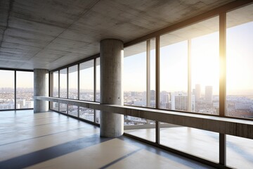 Modern concrete interior with a city view and window banner. Minimalism in design. Generative AI