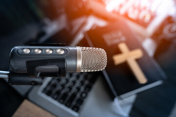 Microphone for preacher reads the bible online, Christian podcast studio interior, records a podcast, online radio broadcast.
