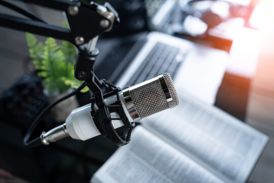 Microphone for preacher reads the bible online, Christian podcast studio interior, records a podcast, online radio broadcast.