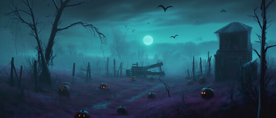 Colorful background of Halloween collection through a misty sky, in the style of light cyan and dark violet, Created with generative AI tools.