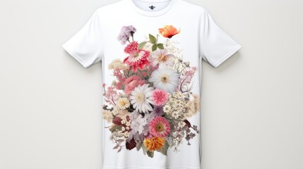 flowers on white t shirt, in the style of hyper-realistic pop, graphic arrangements, rococo decadence, piles/stacks, 20 megapixels, bloomsbury group, oshare kei