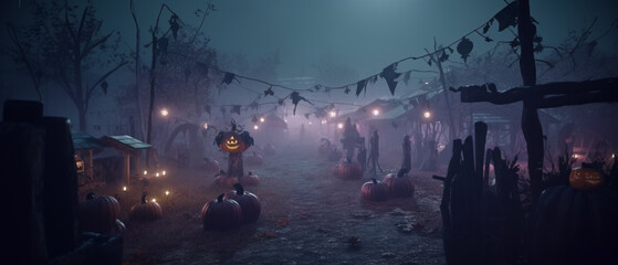 Colorful background of Halloween collection through a misty sky, in the style of light cyan and dark violet, Created with generative AI tools.