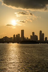 The night view of the city of Yeouido, a high-rise building, shot at Dongjak Bridge in Seoul at sunset