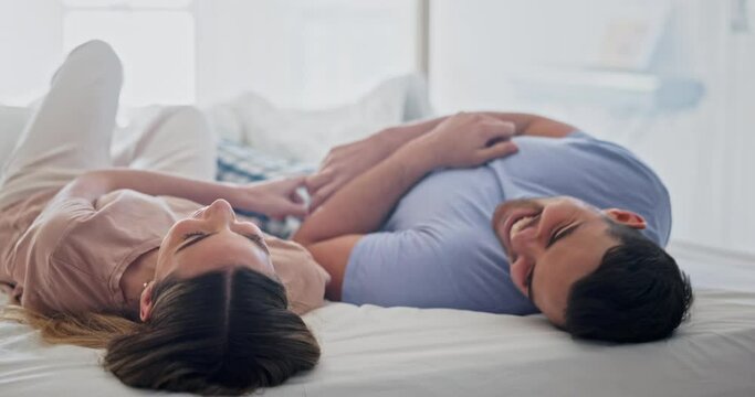 Care, love and happy with couple in bedroom for relax, connection and support in the morning. Funny, wake up and commitment with man and woman in bed at home for partner, marriage and smile together