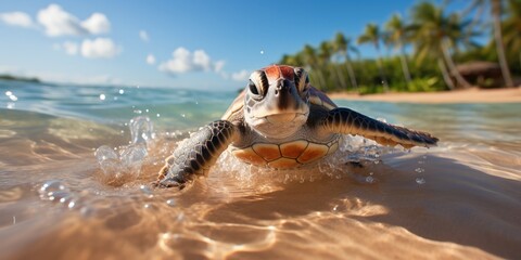 Baby Sea Turtle's First Journey on Beach - Suitable for fine wall art, nature galleries, and conservation campaigns