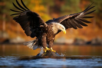 White-tailed Eagle (Haliaeetus albicilla) feeding on fish in the water, with brown grass in the background. It captures the bird landing and the eagle in flight. This footage was filmed  Generative AI