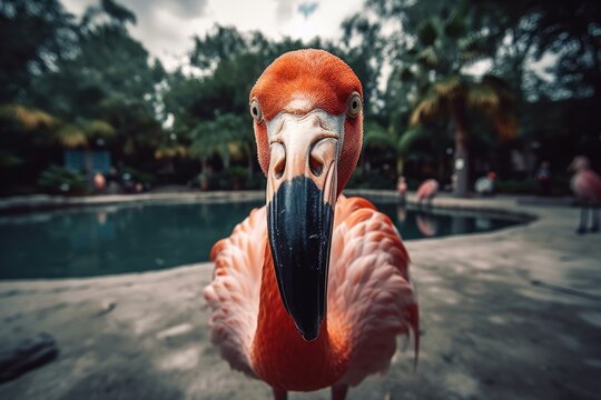 Flamingo in the zoo looking directly at the camera. Generative AI