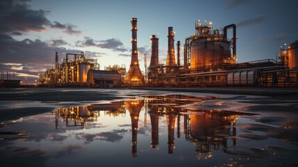 Oil refinery plant for crude oil industry on desert in evening twilight, energy industrial machine for petroleum gas production background