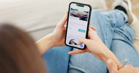 Couple, hands or phone on travel website on sofa for holiday, vacation or getaway at home. Relax, screen or closeup of people planning online destination, location or booking trip on mobile app