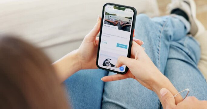 Couple, hands or phone on travel website on sofa for holiday, vacation or getaway at home. Relax, screen or closeup of people planning online destination, location or booking trip on mobile app