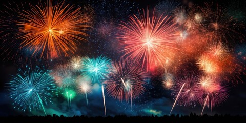 illustration of vibrant fireworks against the dark night sky, generative AI