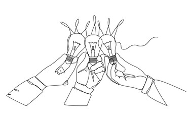 Continuous one-line drawing of multiple hands holding light bulbs to gather together, combination of ideas, brainstorming concept, single line art.