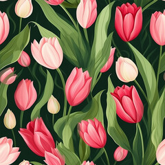 Watercolor tulips pattern and seamless background.