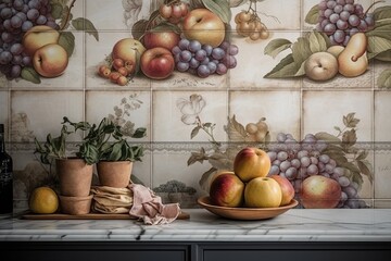 Ceramic Digital Wall Tiles with Kitchen and Fruits Artifacts as the Background. Generative AI