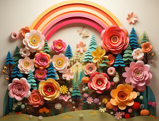 Artistic 3D flower art concept, red, pink, white, aqua, blue, floral scene