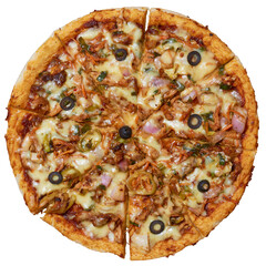 spicy devilled chicken pizza, freshly made pizza mixed with grilled vegetables, olives and double layers of mozzarella cheese, taken straight from above without shadows isolated on white background