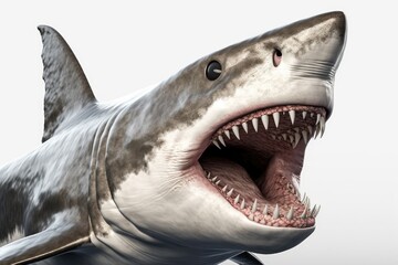 ferocious white shark with teeth and a wide open mouth. Generative AI