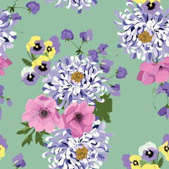 Seamless background with Japanese chrysanthemums and pansies on a green background.