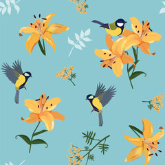 Beautiful yellow lilies and titmouse on a blue background. Seamless vector illustration.
