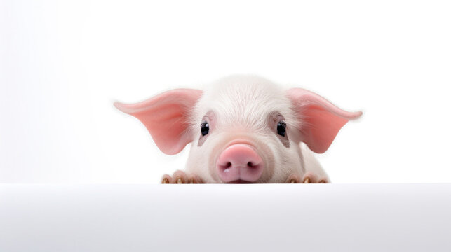 Pig in peeking out from behind a white table with copy space, isolated on white background.