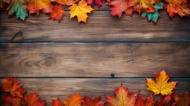 Top view wooden board with autumn maple leaves.