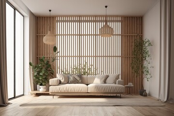 Contemporary room design with a sofa, curtains, plant, and light. Generative AI