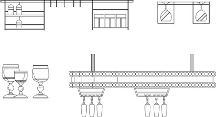 Vector sketch illustration design of kitchen set kitchen utensils and equipment and wine drinker