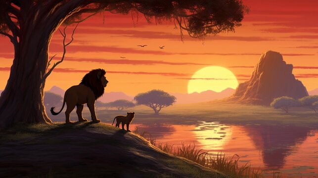 lion and lioness in the savanna at sunset 