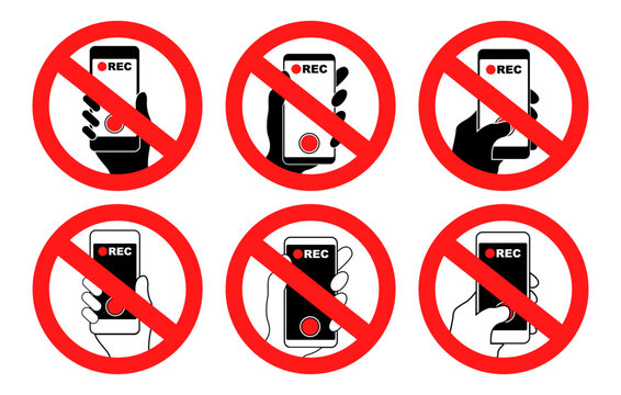 Set collections Holding phone no recording prohibited sign. Smartphones forbidden round sticker vector illustration