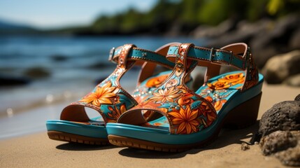 Colorful summer sandals on beach in paradise as graffiti