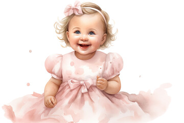 Fototapeta premium watercolor clipart of a joyful baby girl with a charming smile, dressed in a delightful pink outfit from head to toe with flowers clipart