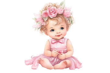Fototapeta premium watercolor clipart of a joyful baby girl with a charming smile, dressed in a delightful pink outfit from head to toe with flowers clipart