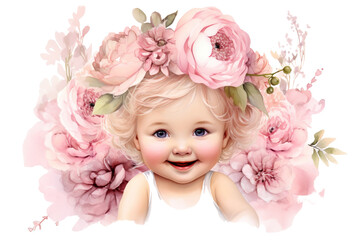 Fototapeta premium watercolor clipart of a joyful baby girl with a charming smile, dressed in a delightful pink outfit from head to toe with flowers clipart