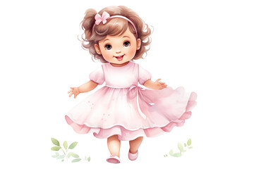 watercolor clipart of a joyful baby girl with a charming smile, dressed in a delightful pink outfit from head to toe with flowers clipart