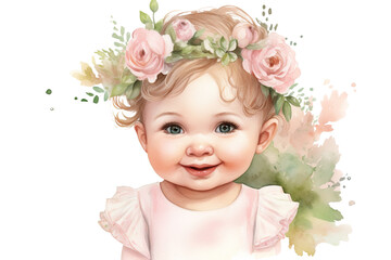 Fototapeta premium watercolor clipart of a joyful baby girl with a charming smile, dressed in a delightful pink outfit from head to toe with flowers clipart
