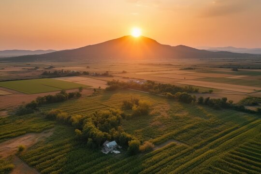 aerial image of a beautiful sunset over agricultural fields. Generative AI