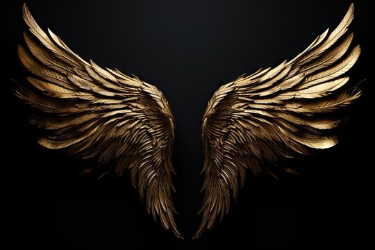 Wings of fantasy. Elegant angel and majestic bird design on black background. Flight of imagination. Vintage inspired illustration. Spirits soar. Symbolic harmony