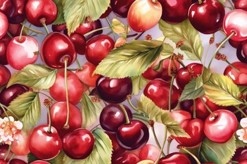 Cherry seamless watercolor pattern. Background of summer berries, fruits, leaves, and flowers. 2D artwork for a wedding invitation, tropical wallpaper texture, and a spring cover. Generative AI