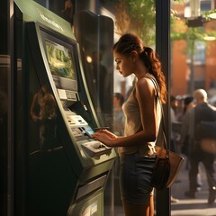 Fototapeta na wymiar Outdoor Transactions: A Woman at the ATM Machine