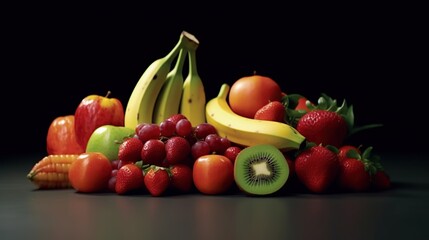 Fruits and vegetables on a black background. Healthy food concept.